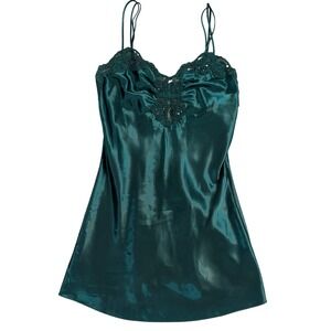 Vintage Victoria's Secret Teal Satin Lace Beaded Chemise Nightgown Slip Dress M